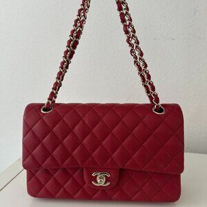 Chanel Small Classic Flap 11.12 Red Caviar Leather Gold Hardware FULL SET
